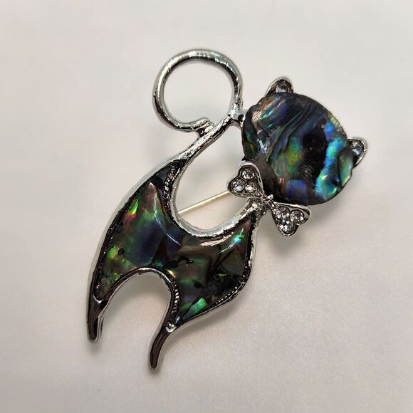 Alley Cat Iridescent Enamel Blue Brooch Pendant  Bow Tie Silver Tone Sleek 2" - Picture 12 of 16